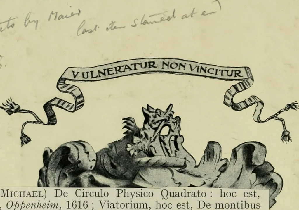 An illustration from Michaelis Majeri Viatorium, hoc est, De montibvs planetarvm septem seu metallorum : tractatus tam utilis, quàm perspicuus, quo, ut indice mercuriali in triviis, vel Ariadnêo filo in labyrintho, seu cynosurâ in oceano chymicorum errorum immenso, quilibet rationalis, veritatis amans, ad illum, qui inmontibus sese abdidit De Rubea-petra Alexicacum, omnibus medicis desideratum, investigandum, uti poterit, 1618, leaf 1