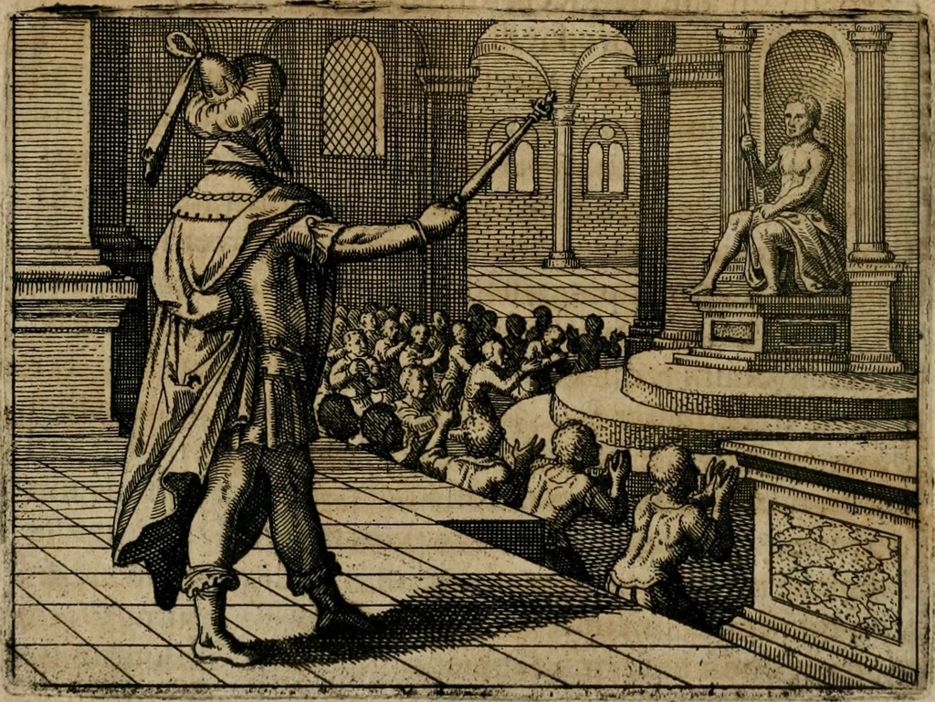 An illustration from Michaelis Majeri Viatorium, hoc est, De montibvs planetarvm septem seu metallorum : tractatus tam utilis, quàm perspicuus, quo, ut indice mercuriali in triviis, vel Ariadnêo filo in labyrintho, seu cynosurâ in oceano chymicorum errorum immenso, quilibet rationalis, veritatis amans, ad illum, qui inmontibus sese abdidit De Rubea-petra Alexicacum, omnibus medicis desideratum, investigandum, uti poterit, 1618, leaf 69