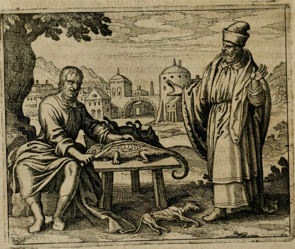 An illustration from Michaelis Majeri Viatorium, hoc est, De montibvs planetarvm septem seu metallorum : tractatus tam utilis, quàm perspicuus, quo, ut indice mercuriali in triviis, vel Ariadnêo filo in labyrintho, seu cynosurâ in oceano chymicorum errorum immenso, quilibet rationalis, veritatis amans, ad illum, qui inmontibus sese abdidit De Rubea-petra Alexicacum, omnibus medicis desideratum, investigandum, uti poterit, 1618, leaf 85