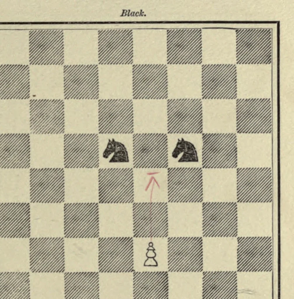 An illustration from The major tactics of chess: a treatise on evolutions; the proper employment of the forces in strategic, tactical, and logistic planes, 1898, leaf 185