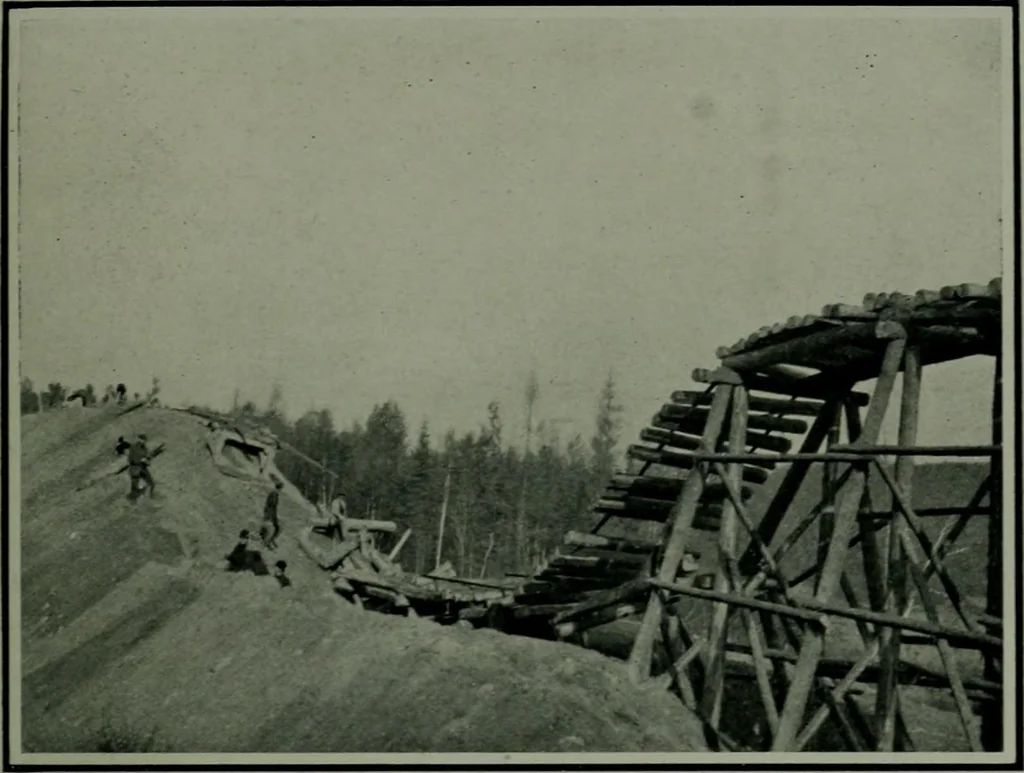 An illustration from The making of a great Canadian railway ; the story of the search for and discovery of the route, and the construction of the nearly completed Grand Trunk Pacific Railway from the Atlantic to the Pacific, with some account of the hardships and stirring adventures of its constructors in unexplored country, 1912, leaf 130