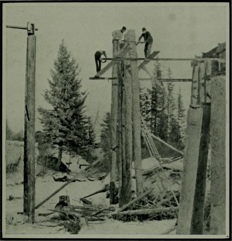 An illustration from The making of a great Canadian railway ; the story of the search for and discovery of the route, and the construction of the nearly completed Grand Trunk Pacific Railway from the Atlantic to the Pacific, with some account of the hardships and stirring adventures of its constructors in unexplored country, 1912, leaf 138