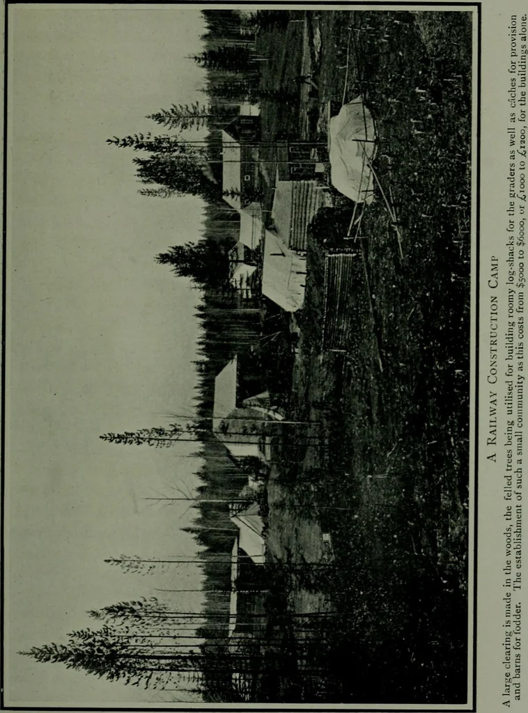 An illustration from The making of a great Canadian railway ; the story of the search for and discovery of the route, and the construction of the nearly completed Grand Trunk Pacific Railway from the Atlantic to the Pacific, with some account of the hardships and stirring adventures of its constructors in unexplored country, 1912, leaf 216