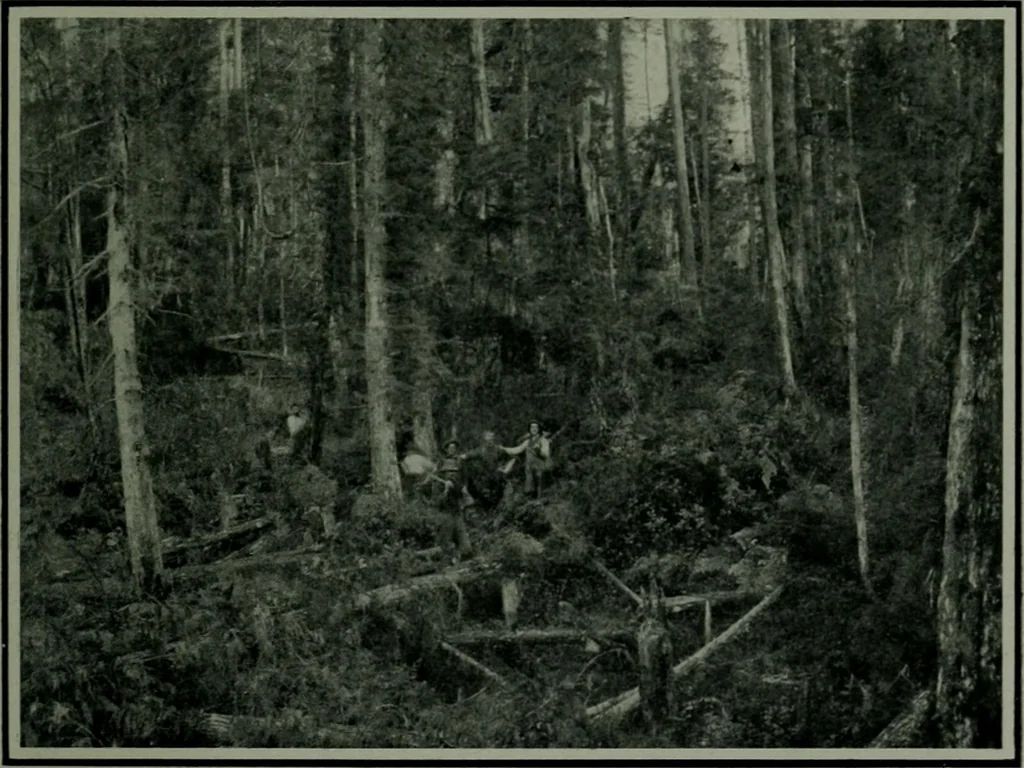 An illustration from The making of a great Canadian railway ; the story of the search for and discovery of the route, and the construction of the nearly completed Grand Trunk Pacific Railway from the Atlantic to the Pacific, with some account of the hardships and stirring adventures of its constructors in unexplored country, 1912, leaf 256