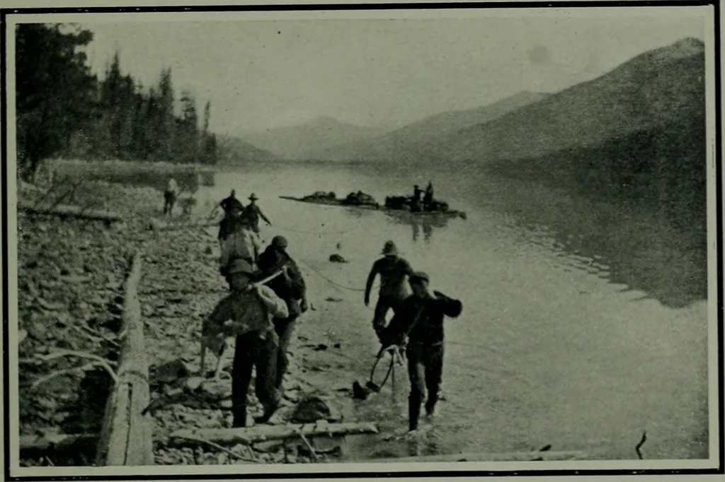 An illustration from The making of a great Canadian railway ; the story of the search for and discovery of the route, and the construction of the nearly completed Grand Trunk Pacific Railway from the Atlantic to the Pacific, with some account of the hardships and stirring adventures of its constructors in unexplored country, 1912, leaf 298
