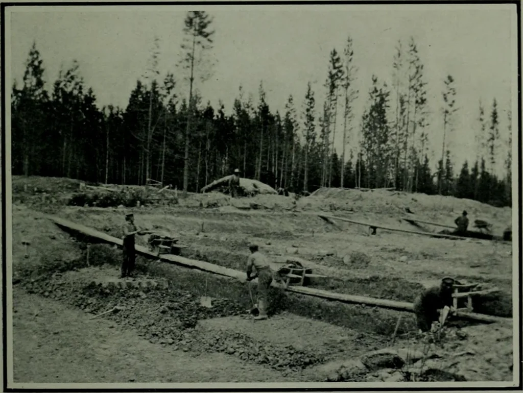 An illustration from The making of a great Canadian railway ; the story of the search for and discovery of the route, and the construction of the nearly completed Grand Trunk Pacific Railway from the Atlantic to the Pacific, with some account of the hardships and stirring adventures of its constructors in unexplored country, 1912, leaf 298