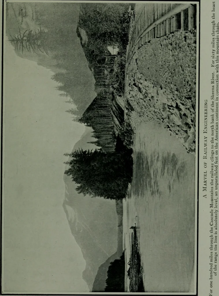 An illustration from The making of a great Canadian railway ; the story of the search for and discovery of the route, and the construction of the nearly completed Grand Trunk Pacific Railway from the Atlantic to the Pacific, with some account of the hardships and stirring adventures of its constructors in unexplored country, 1912, leaf 312