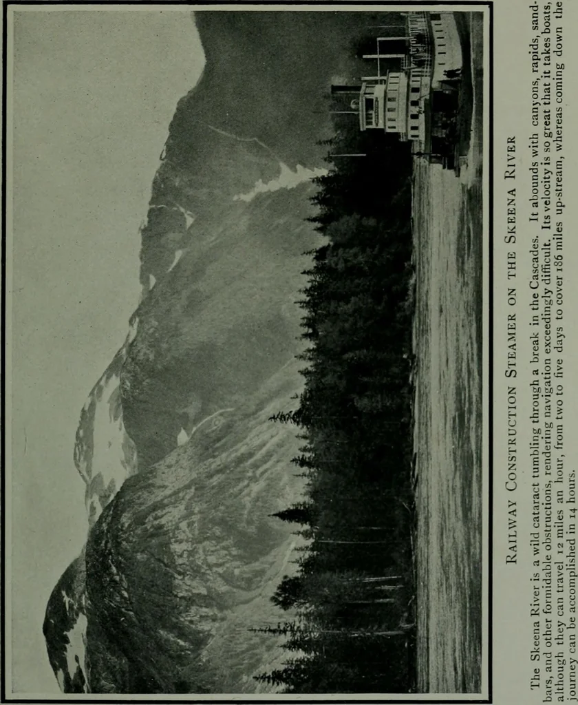 An illustration from The making of a great Canadian railway ; the story of the search for and discovery of the route, and the construction of the nearly completed Grand Trunk Pacific Railway from the Atlantic to the Pacific, with some account of the hardships and stirring adventures of its constructors in unexplored country, 1912, leaf 316