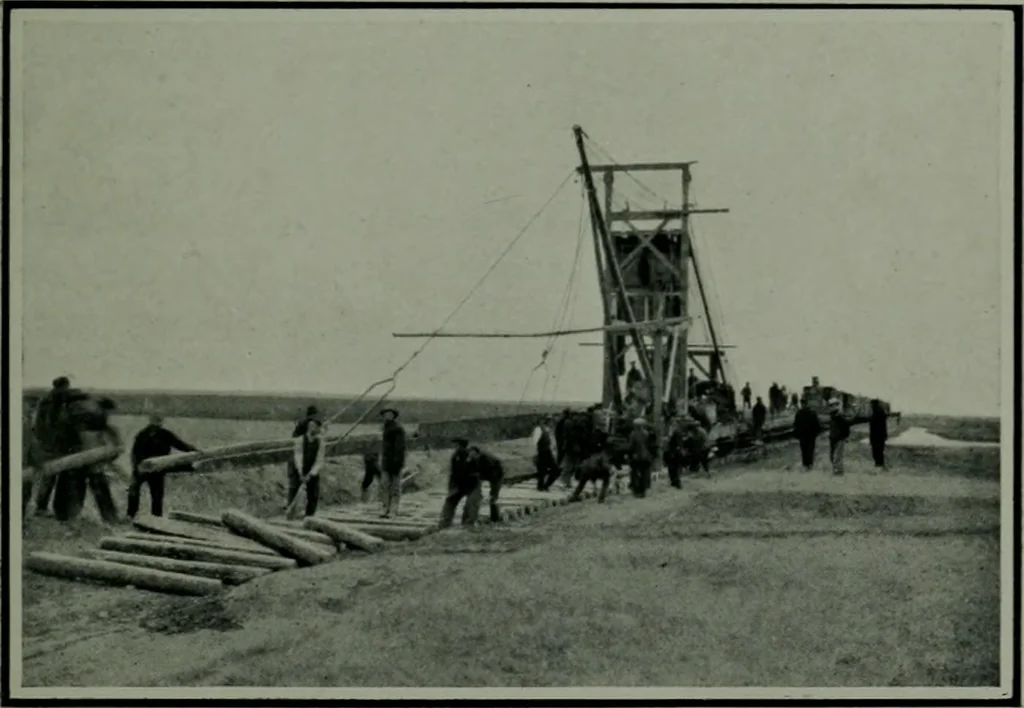 An illustration from The making of a great Canadian railway ; the story of the search for and discovery of the route, and the construction of the nearly completed Grand Trunk Pacific Railway from the Atlantic to the Pacific, with some account of the hardships and stirring adventures of its constructors in unexplored country, 1912, leaf 332