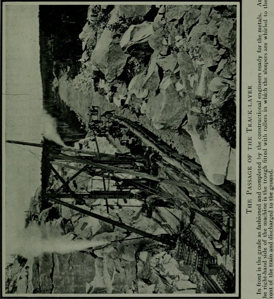 An illustration from The making of a great Canadian railway ; the story of the search for and discovery of the route, and the construction of the nearly completed Grand Trunk Pacific Railway from the Atlantic to the Pacific, with some account of the hardships and stirring adventures of its constructors in unexplored country, 1912, leaf 348