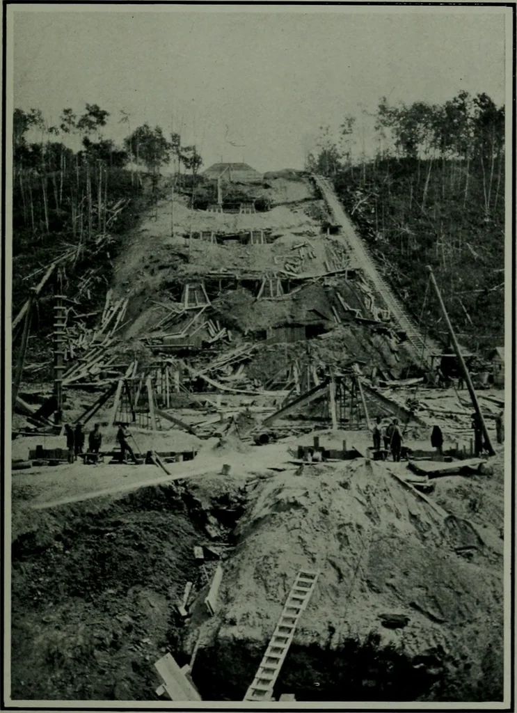 An illustration from The making of a great Canadian railway ; the story of the search for and discovery of the route, and the construction of the nearly completed Grand Trunk Pacific Railway from the Atlantic to the Pacific, with some account of the hardships and stirring adventures of its constructors in unexplored country, 1912, leaf 372