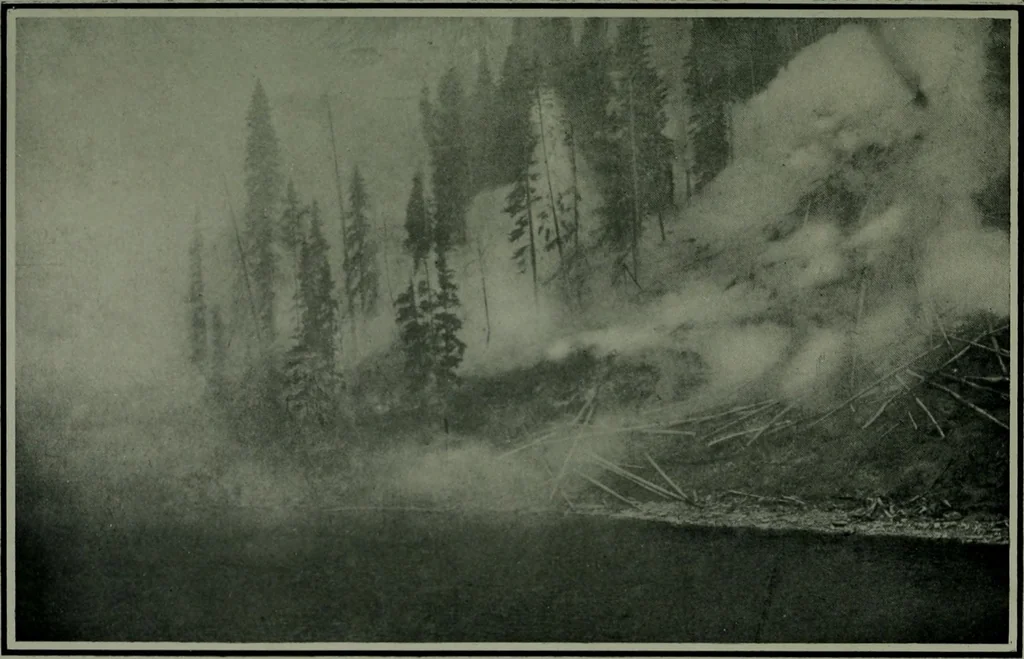 An illustration from The making of a great Canadian railway ; the story of the search for and discovery of the route, and the construction of the nearly completed Grand Trunk Pacific Railway from the Atlantic to the Pacific, with some account of the hardships and stirring adventures of its constructors in unexplored country, 1912, leaf 92