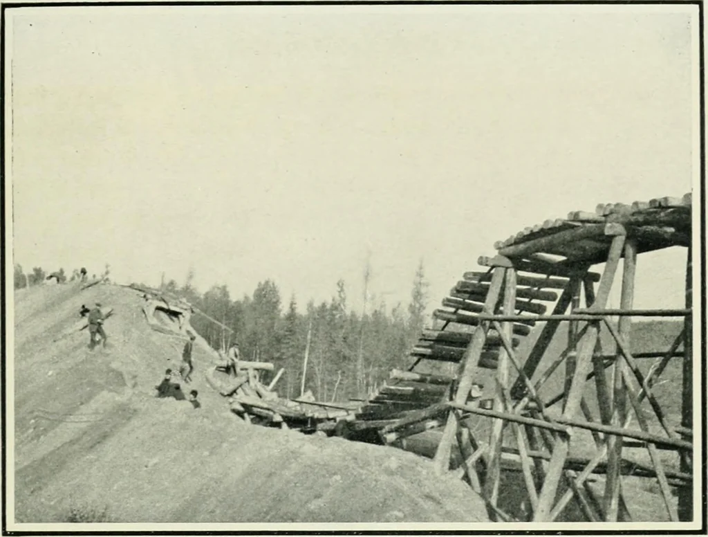 An illustration from The making of a great Canadian railway; the story of the search for and discovery of the search for and discovery of the route, and the constru ction of the nearly completed Grand trunk Pacific railway from the Atlantic to the Pacific, with some account of the hardships and stirring adventures of its constructors in unexplored country, 1912, leaf 132