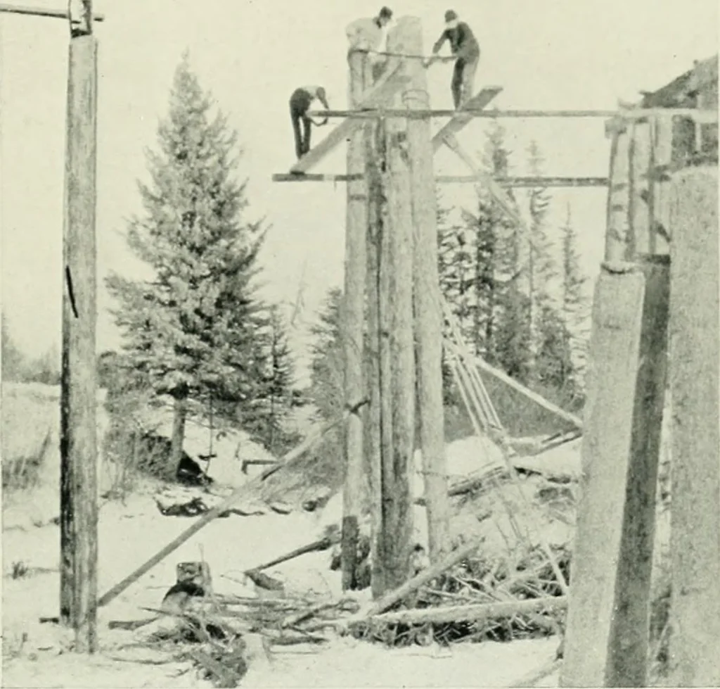 An illustration from The making of a great Canadian railway; the story of the search for and discovery of the search for and discovery of the route, and the constru ction of the nearly completed Grand trunk Pacific railway from the Atlantic to the Pacific, with some account of the hardships and stirring adventures of its constructors in unexplored country, 1912, leaf 140