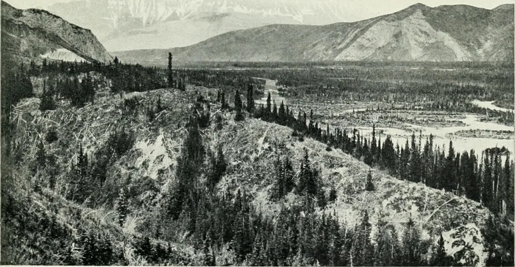An illustration from The making of a great Canadian railway; the story of the search for and discovery of the search for and discovery of the route, and the constru ction of the nearly completed Grand trunk Pacific railway from the Atlantic to the Pacific, with some account of the hardships and stirring adventures of its constructors in unexplored country, 1912, leaf 166