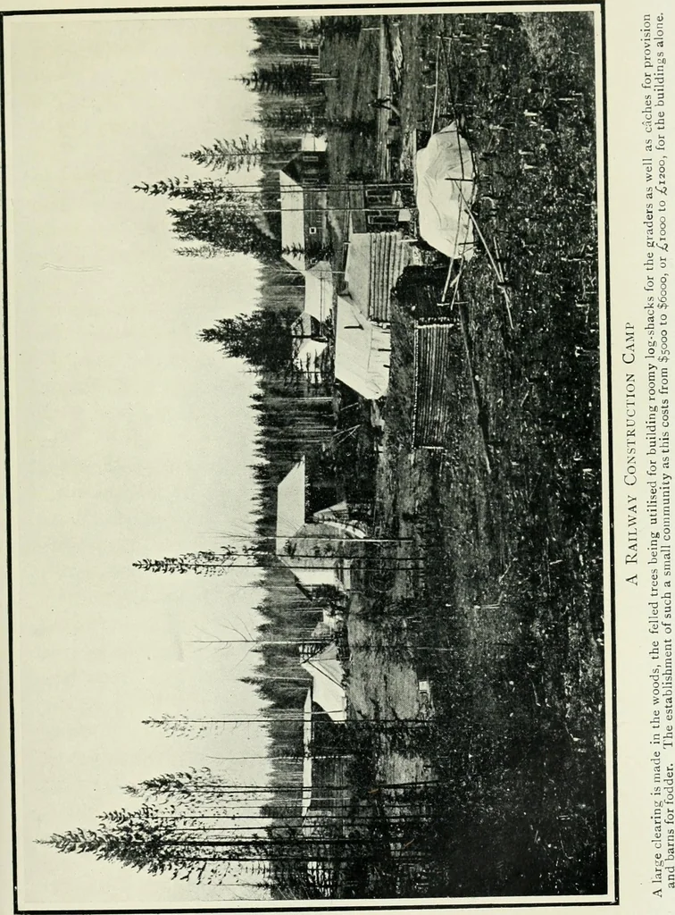 An illustration from The making of a great Canadian railway; the story of the search for and discovery of the search for and discovery of the route, and the constru ction of the nearly completed Grand trunk Pacific railway from the Atlantic to the Pacific, with some account of the hardships and stirring adventures of its constructors in unexplored country, 1912, leaf 218