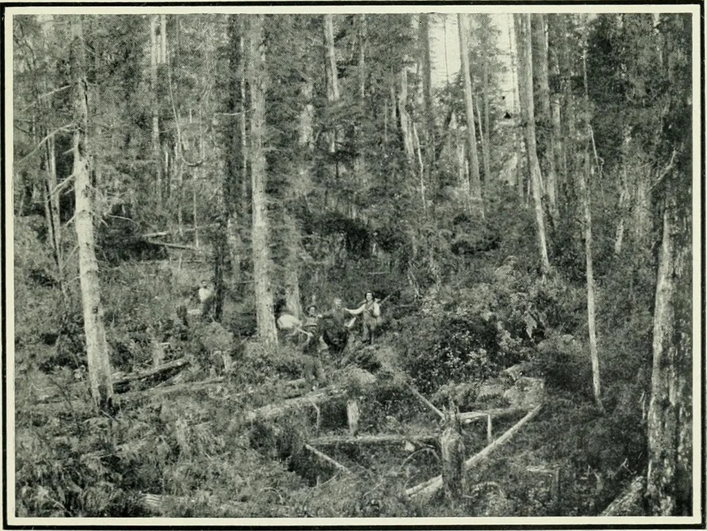 An illustration from The making of a great Canadian railway; the story of the search for and discovery of the search for and discovery of the route, and the constru ction of the nearly completed Grand trunk Pacific railway from the Atlantic to the Pacific, with some account of the hardships and stirring adventures of its constructors in unexplored country, 1912, leaf 258