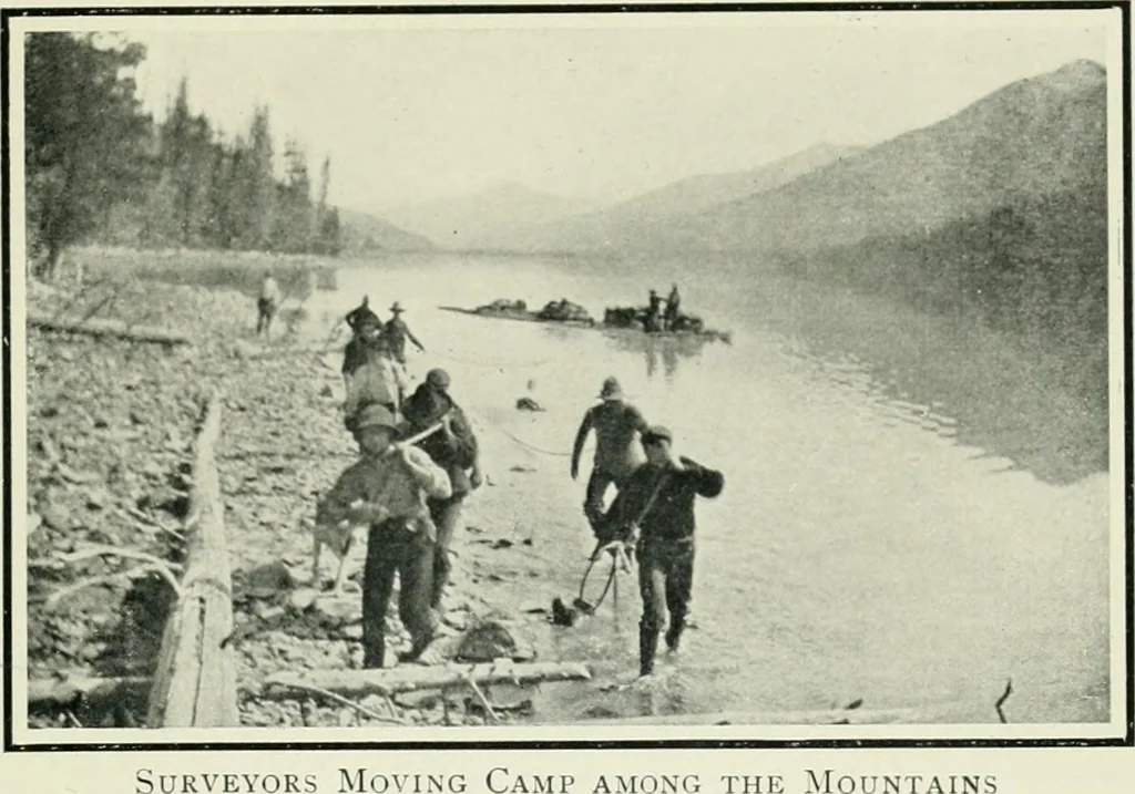 An illustration from The making of a great Canadian railway; the story of the search for and discovery of the search for and discovery of the route, and the constru ction of the nearly completed Grand trunk Pacific railway from the Atlantic to the Pacific, with some account of the hardships and stirring adventures of its constructors in unexplored country, 1912, leaf 300