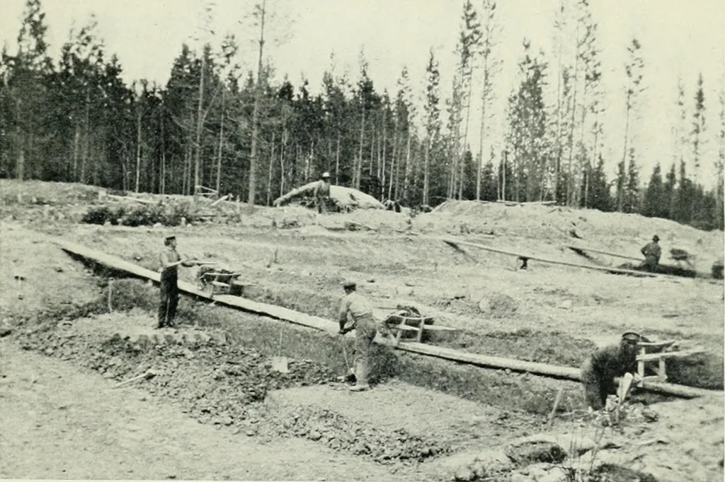 An illustration from The making of a great Canadian railway; the story of the search for and discovery of the search for and discovery of the route, and the constru ction of the nearly completed Grand trunk Pacific railway from the Atlantic to the Pacific, with some account of the hardships and stirring adventures of its constructors in unexplored country, 1912, leaf 300
