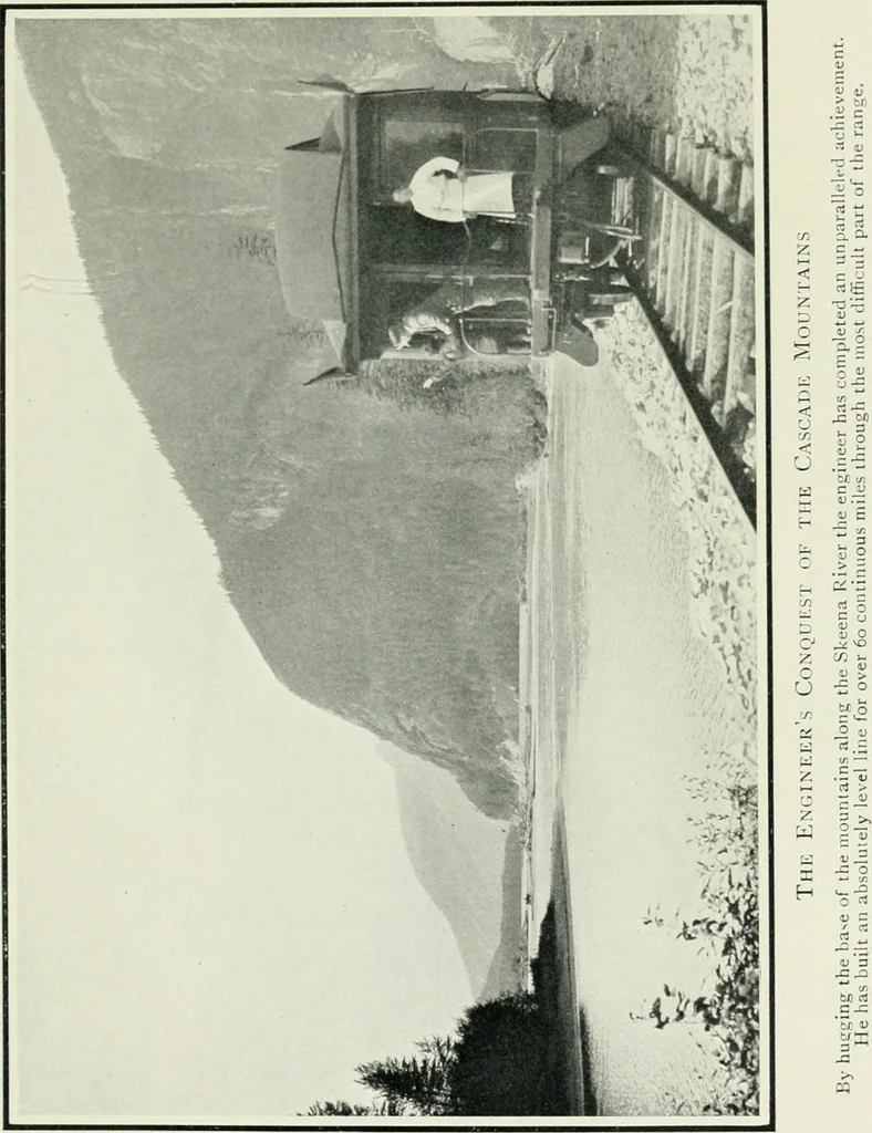 An illustration from The making of a great Canadian railway; the story of the search for and discovery of the search for and discovery of the route, and the constru ction of the nearly completed Grand trunk Pacific railway from the Atlantic to the Pacific, with some account of the hardships and stirring adventures of its constructors in unexplored country, 1912, leaf 328