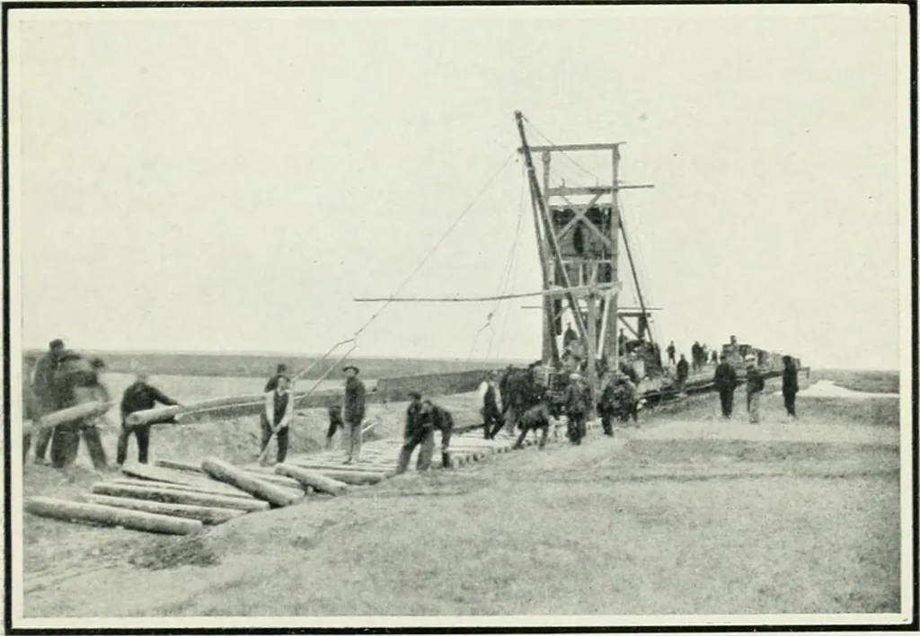 An illustration from The making of a great Canadian railway; the story of the search for and discovery of the search for and discovery of the route, and the constru ction of the nearly completed Grand trunk Pacific railway from the Atlantic to the Pacific, with some account of the hardships and stirring adventures of its constructors in unexplored country, 1912, leaf 334