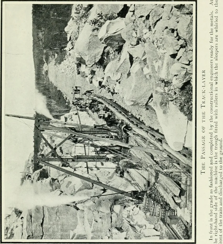 An illustration from The making of a great Canadian railway; the story of the search for and discovery of the search for and discovery of the route, and the constru ction of the nearly completed Grand trunk Pacific railway from the Atlantic to the Pacific, with some account of the hardships and stirring adventures of its constructors in unexplored country, 1912, leaf 350
