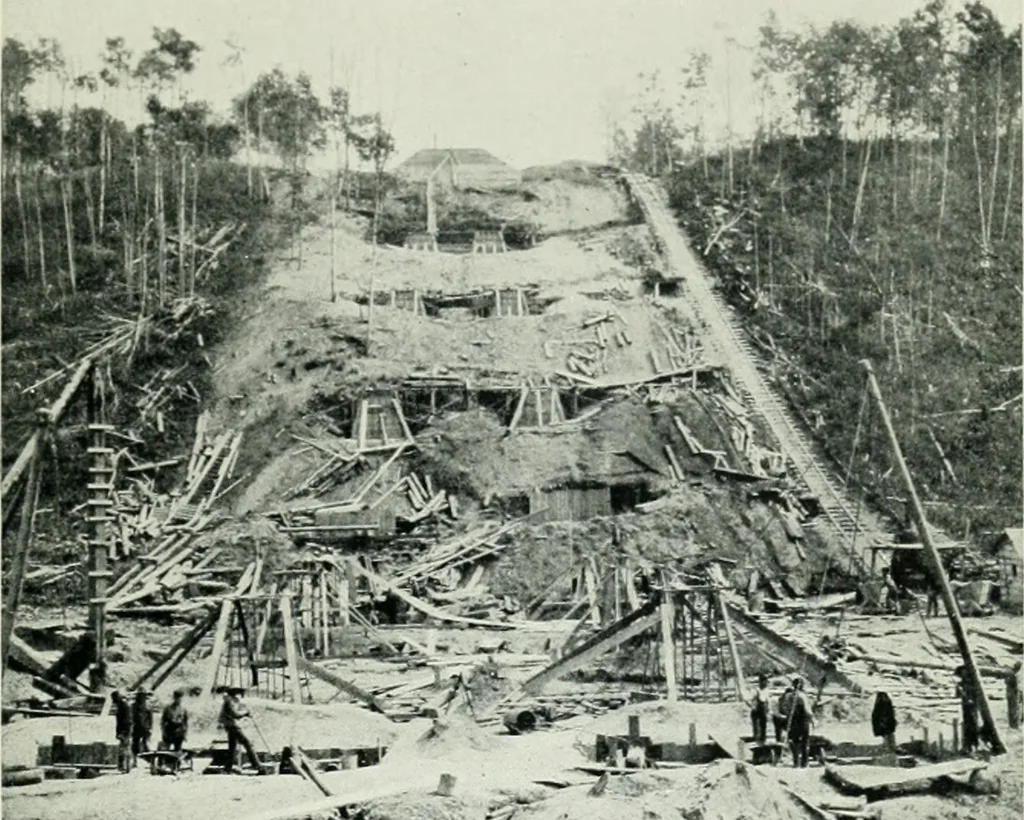 An illustration from The making of a great Canadian railway; the story of the search for and discovery of the search for and discovery of the route, and the constru ction of the nearly completed Grand trunk Pacific railway from the Atlantic to the Pacific, with some account of the hardships and stirring adventures of its constructors in unexplored country, 1912, leaf 374