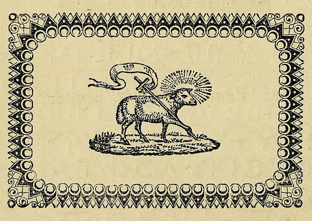 An illustration from [Maltese cross] Catechisme, recueil de prieres et de cantiques à l'usage des sauvages d'Albany, (Baie-d'Hudson.) ... [3 lines in Cree; oblate seal], 1854, leaf 68