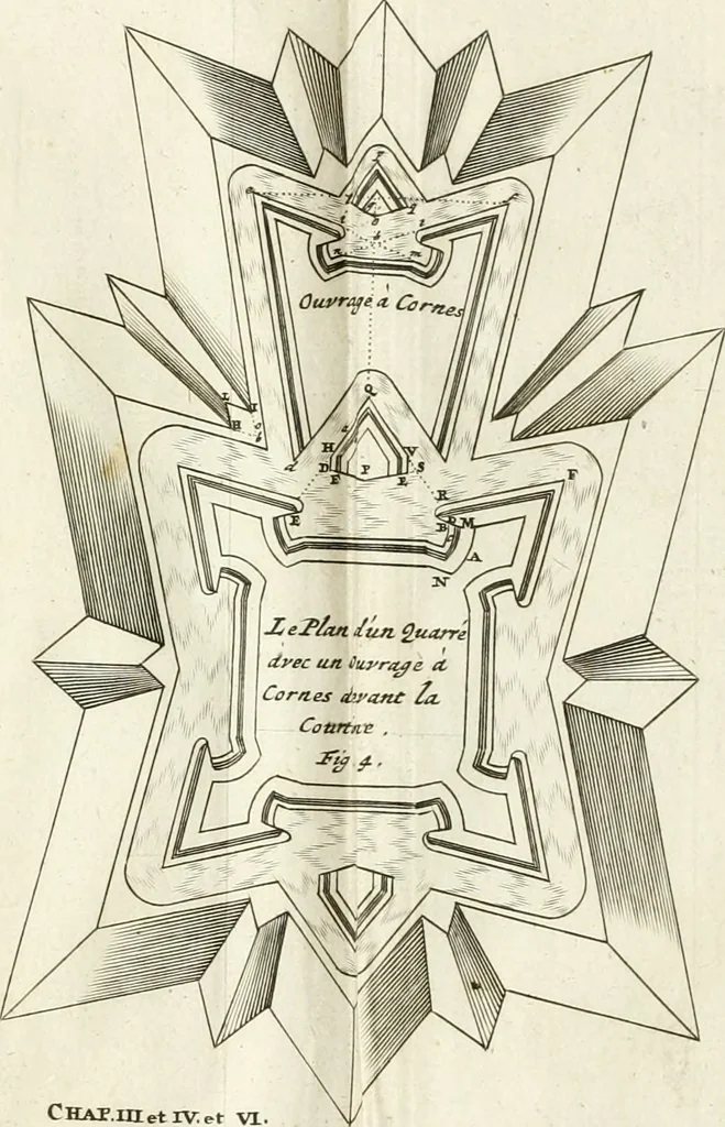 An illustration from Maniere de fortifier de Mr. de Vauban : où l'on voit de quelle méthode on se sert aujourd'hui en France, pour la fortification des places tant régulieres qu'irréguliers : en quoi cette méthode differe des autres, &c. : avec un traité de geometrie qu'on a mis à la tête, pour avoir une parfaite intelligence des fortifications, 1689, leaf 204