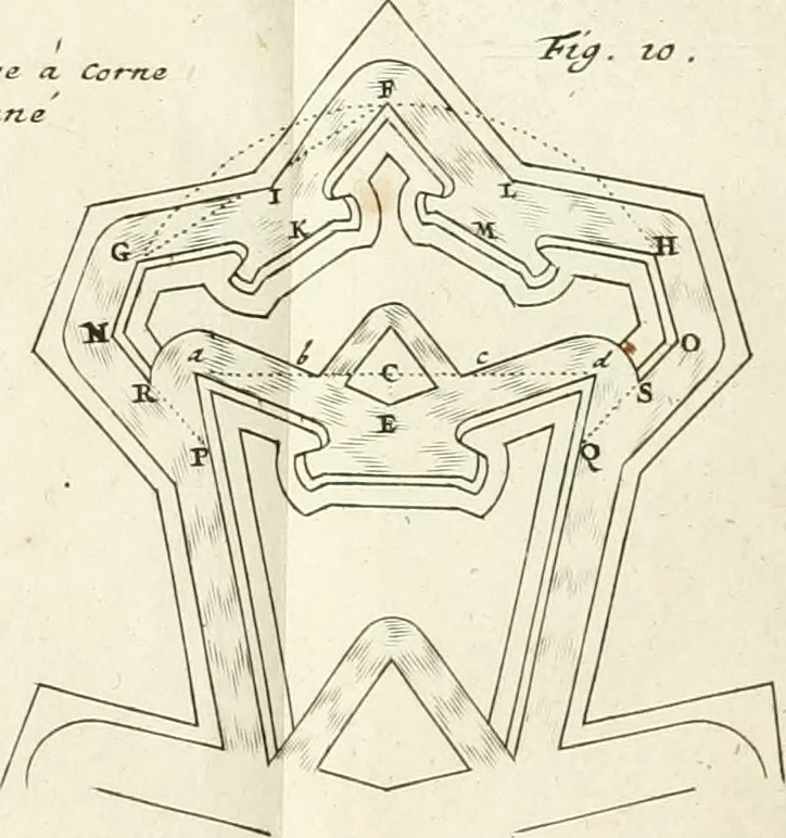 An illustration from Maniere de fortifier de Mr. de Vauban : où l'on voit de quelle méthode on se sert aujourd'hui en France, pour la fortification des places tant régulieres qu'irréguliers : en quoi cette méthode differe des autres, &c. : avec un traité de geometrie qu'on a mis à la tête, pour avoir une parfaite intelligence des fortifications, 1689, leaf 210