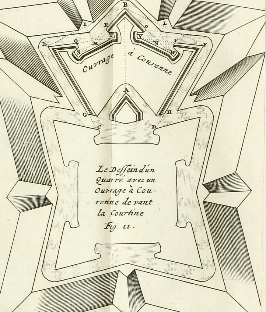 An illustration from Maniere de fortifier de Mr. de Vauban : où l'on voit de quelle méthode on se sert aujourd'hui en France, pour la fortification des places tant régulieres qu'irréguliers : en quoi cette méthode differe des autres, &c. : avec un traité de geometrie qu'on a mis à la tête, pour avoir une parfaite intelligence des fortifications, 1689, leaf 212