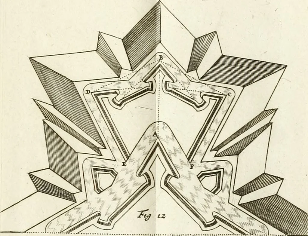 An illustration from Maniere de fortifier de Mr. de Vauban : où l'on voit de quelle méthode on se sert aujourd'hui en France, pour la fortification des places tant régulieres qu'irréguliers : en quoi cette méthode differe des autres, &c. : avec un traité de geometrie qu'on a mis à la tête, pour avoir une parfaite intelligence des fortifications, 1689, leaf 214