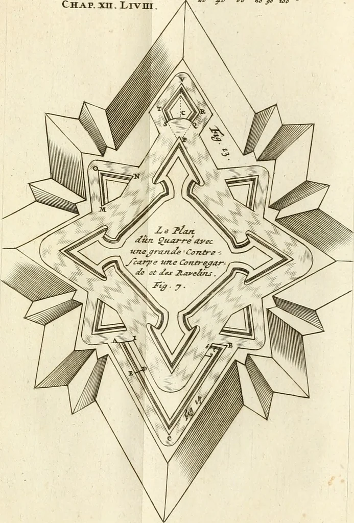 An illustration from Maniere de fortifier de Mr. de Vauban : où l'on voit de quelle méthode on se sert aujourd'hui en France, pour la fortification des places tant régulieres qu'irréguliers : en quoi cette méthode differe des autres, &c. : avec un traité de geometrie qu'on a mis à la tête, pour avoir une parfaite intelligence des fortifications, 1689, leaf 216
