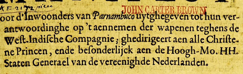An illustration from Manifest door d'inwoonders van Parnambuco uytghegeven tot hun verantwoordinghe op 't aennemen der wapenen teghens de West-Indische Compagnie; : ghedirigeert aen alle Christene Princen, ende besonderlijck aen de Hoogh-Mo. HH. Staten Generael van de vereenighde Nederlanden. : Ghedruckt ende uyt het Portughies overgheset in onse Nederduytsche tale, 1646, leaf 9