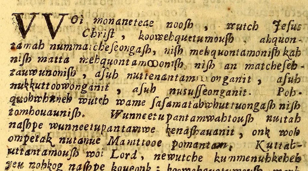 An illustration from Manitowompae pomantamoonk sampwshanau Christianoh uttoh woh an pomantog wnssikkitteahonat [sic] God, 1665, leaf 132
