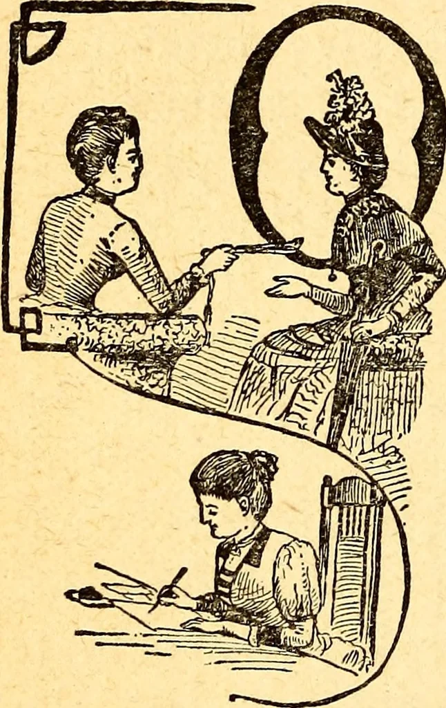 An illustration from Manners, culture and dress of the best American society, including social, commercial and legal forms, letter writing, invitations, &c., also valuable suggestions on self culture and home training, 1893, leaf 85