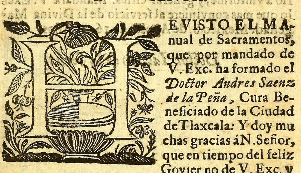 An illustration from Manual de los santos sacramentos conforme al ritual de Paulo V. : Formado por mandado del ilustrissimo, y excelentissimo seor D. Juan de Palafox, y Mendoza, siendo obispo de la Puebla de los Angeles, electo arçobispo de Mexico ... Impresso con privilegio en Mexico el Ao de 1642. Repetida segunda vez su ediccion el Año de 1671. en Mexico con las dos licencias del superior govierno, y ecclesiastica, 1691, leaf 7