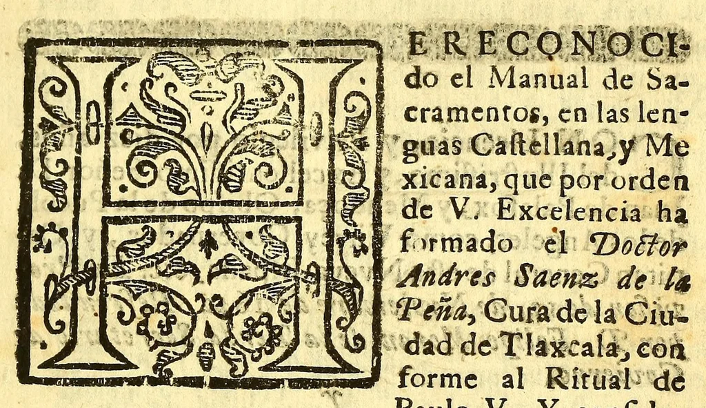 An illustration from Manual de los santos sacramentos conforme al ritual de Paulo V. : Formado por mandado del ilustrissimo, y excelentissimo seor D. Juan de Palafox, y Mendoza, siendo obispo de la Puebla de los Angeles, electo arçobispo de Mexico ... Impresso con privilegio en Mexico el Ao de 1642. Repetida segunda vez su ediccion el Año de 1671. en Mexico con las dos licencias del superior govierno, y ecclesiastica, 1691, leaf 9