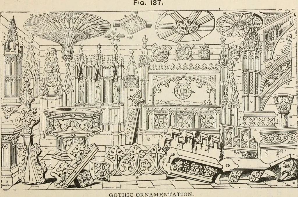 An illustration from Manual of ecclesiastical architecture. Comprising a study of its various styles, the chronological arrangements of its elements, and its relation to Christian worship, 1897, leaf 215