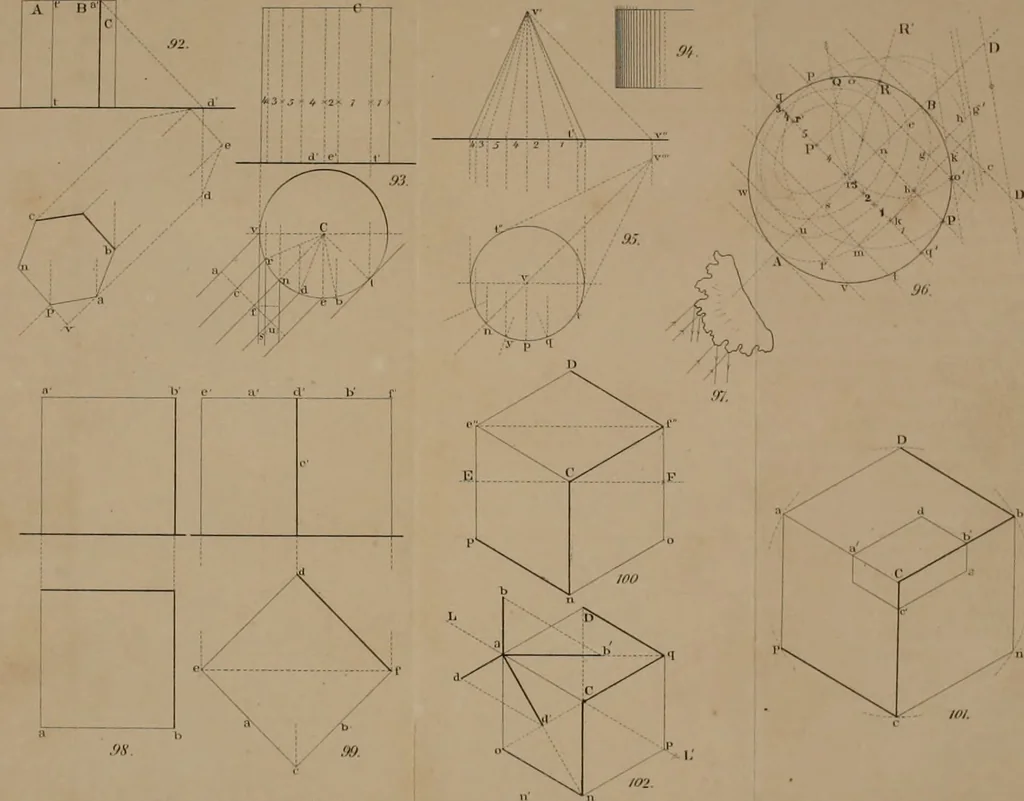 An illustration from A manual of elementary geometrical drawing, involving three dimensions. Designed for use in high schools, academies, engineering schools, etc.: and for the self-instruction of inventors, artisans, etc. ... In five divisions .., 1868, leaf 121