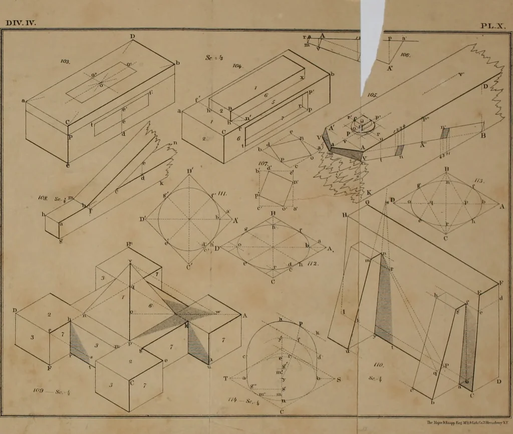 An illustration from A manual of elementary geometrical drawing, involving three dimensions. Designed for use in high schools, academies, engineering schools, etc.: and for the self-instruction of inventors, artisans, etc. ... In five divisions .., 1868, leaf 163