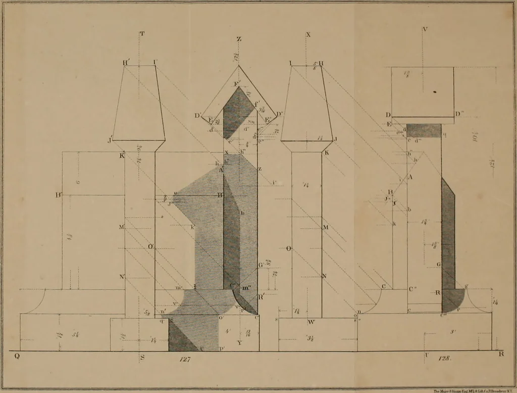 An illustration from A manual of elementary geometrical drawing, involving three dimensions. Designed for use in high schools, academies, engineering schools, etc.: and for the self-instruction of inventors, artisans, etc. ... In five divisions .., 1868, leaf 165