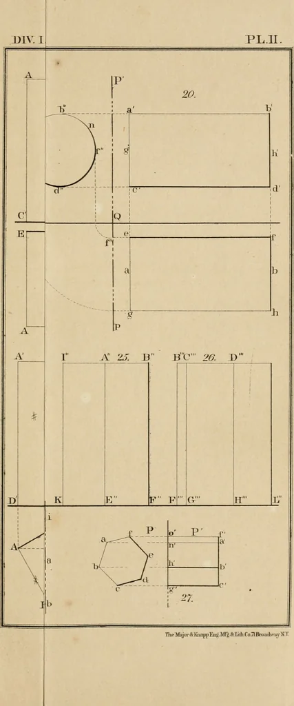 An illustration from A manual of elementary geometrical drawing, involving three dimensions. Designed for use in high schools, academies, engineering schools, etc.: and for the self-instruction of inventors, artisans, etc. ... In five divisions .., 1868, leaf 50