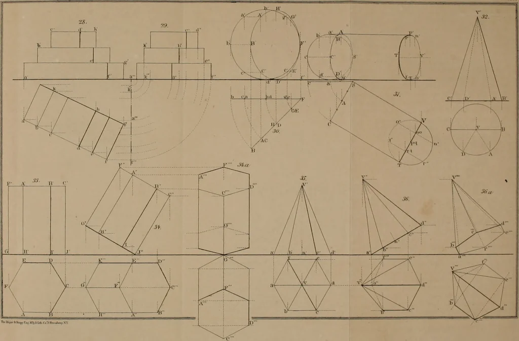 An illustration from A manual of elementary geometrical drawing, involving three dimensions. Designed for use in high schools, academies, engineering schools, etc.: and for the self-instruction of inventors, artisans, etc. ... In five divisions .., 1868, leaf 61