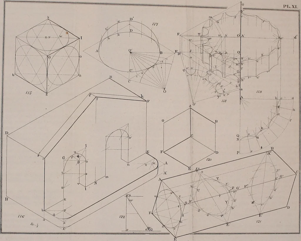 An illustration from A manual of elementary geometrical drawing, involving three dimensions. Designed for use in high schools, academies, engineering schools, etc. : and for the self-instruction of inventors,artizans, etc. ... In five divisions .., 1867, leaf 158
