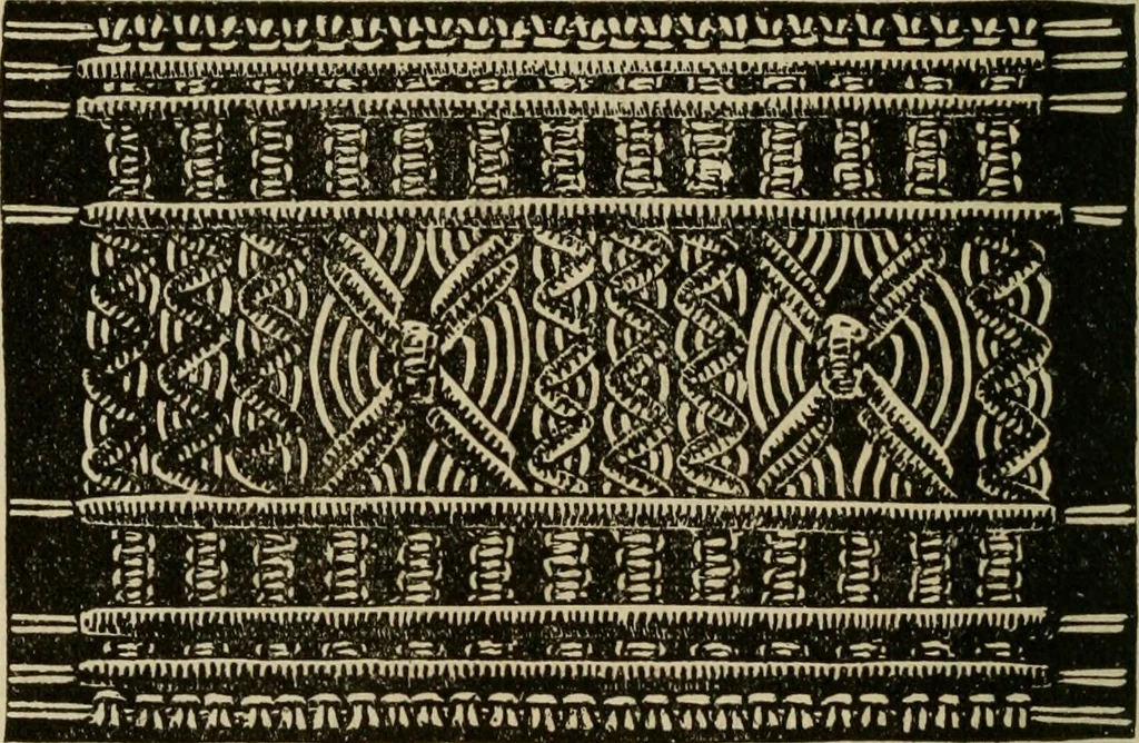An illustration from Manual of needlework. Teaching how to do Kensington, applique, cretonne, roman, cross-stitch, outline and other embroideries .., 1883, leaf 101
