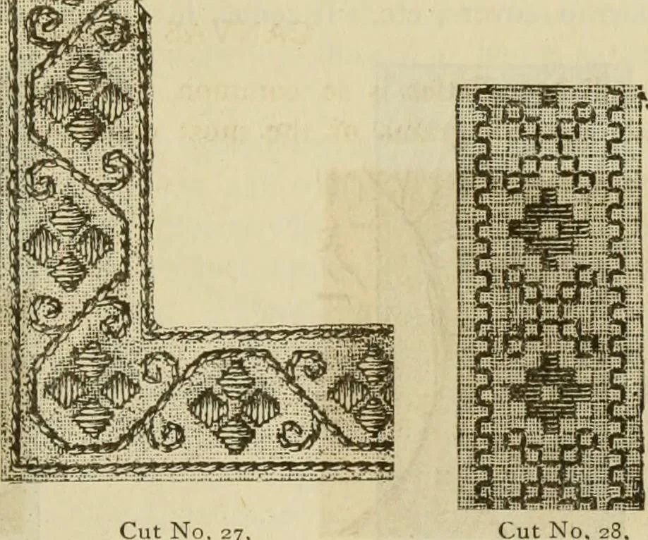 An illustration from Manual of needlework. Teaching how to do Kensington, applique, cretonne, roman, cross-stitch, outline and other embroideries .., 1883, leaf 28