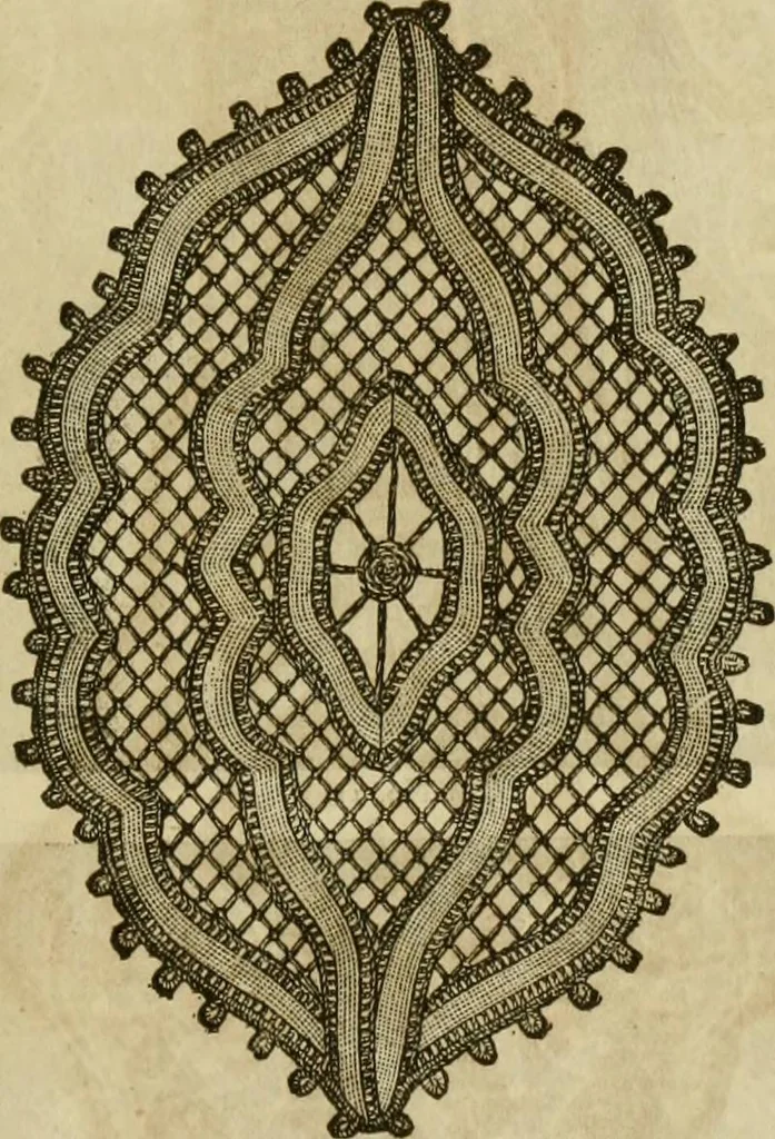 An illustration from Manual of needlework. Teaching how to do Kensington, applique, cretonne, roman, cross-stitch, outline and other embroideries .., 1883, leaf 90