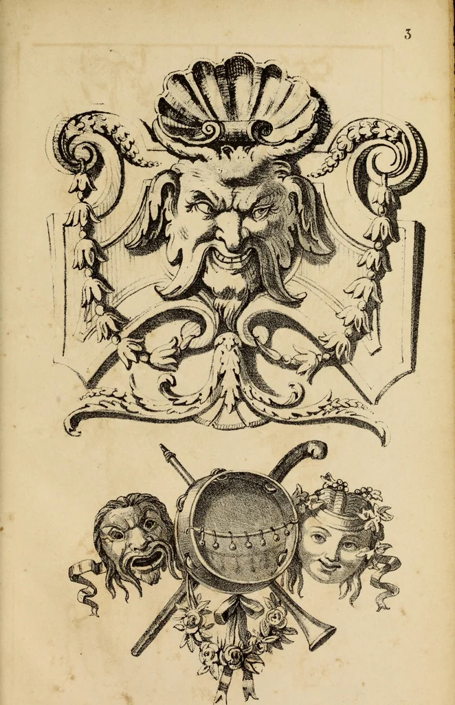 An illustration from Manuel général de l'ornement décoratif : étude encyclopédique sur le gout appliqué aux embellissements extérieurs et intérieurs aux tentures, a l'ameublement, aux vases, au costume, a la composition des jardins, etc., 1862, leaf 72