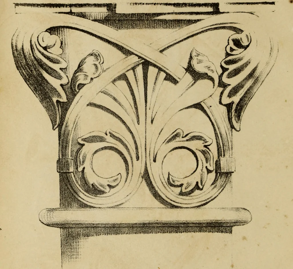 An illustration from Manuel général de l'ornement décoratif : étude encyclopédique sur le gout appliqué aux embellissements extérieurs et intérieurs aux tentures, a l'ameublement, aux vases, au costume, a la composition des jardins, etc., 1862, leaf 75